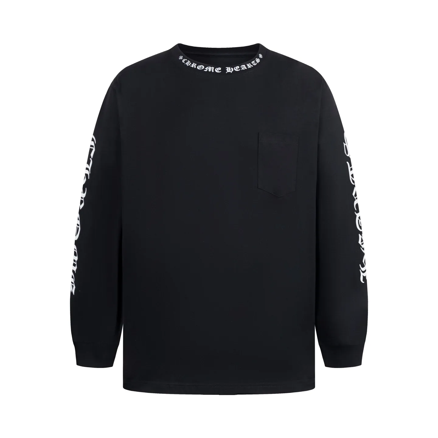 🅿️320 [Exclusive supply] CH Crow Heart Neck Sanskrit Long Sleeve (Black) The fabric is lightly brushed cotton 180g fabric. The upper body is super skin-friendly and soft. The original main label wash mark, silver thread anti-counterfeiting laser, purchased the original version to develop 1:1 restoration, glue printing is consistent with the original version. They are all black and cyan (green light), not the ordinary black fake version in the market. The collar thread is also dyed in the same vat. Size:S/M/L